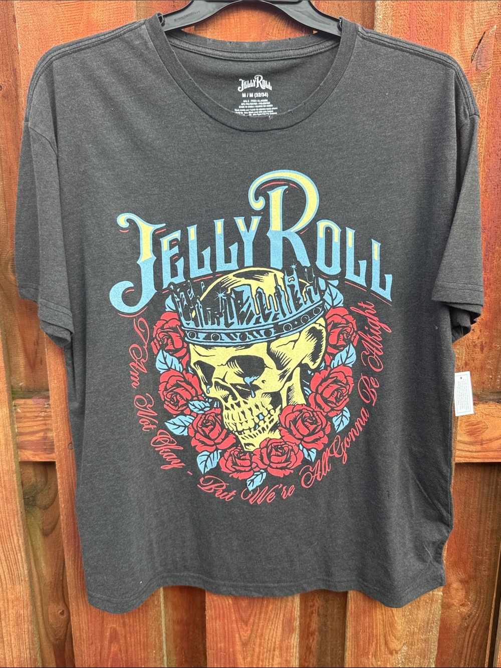 Jelly Roll I Am Not Okay Skull Rose Crown Graphic Tee Shirt Charcoal Gray M